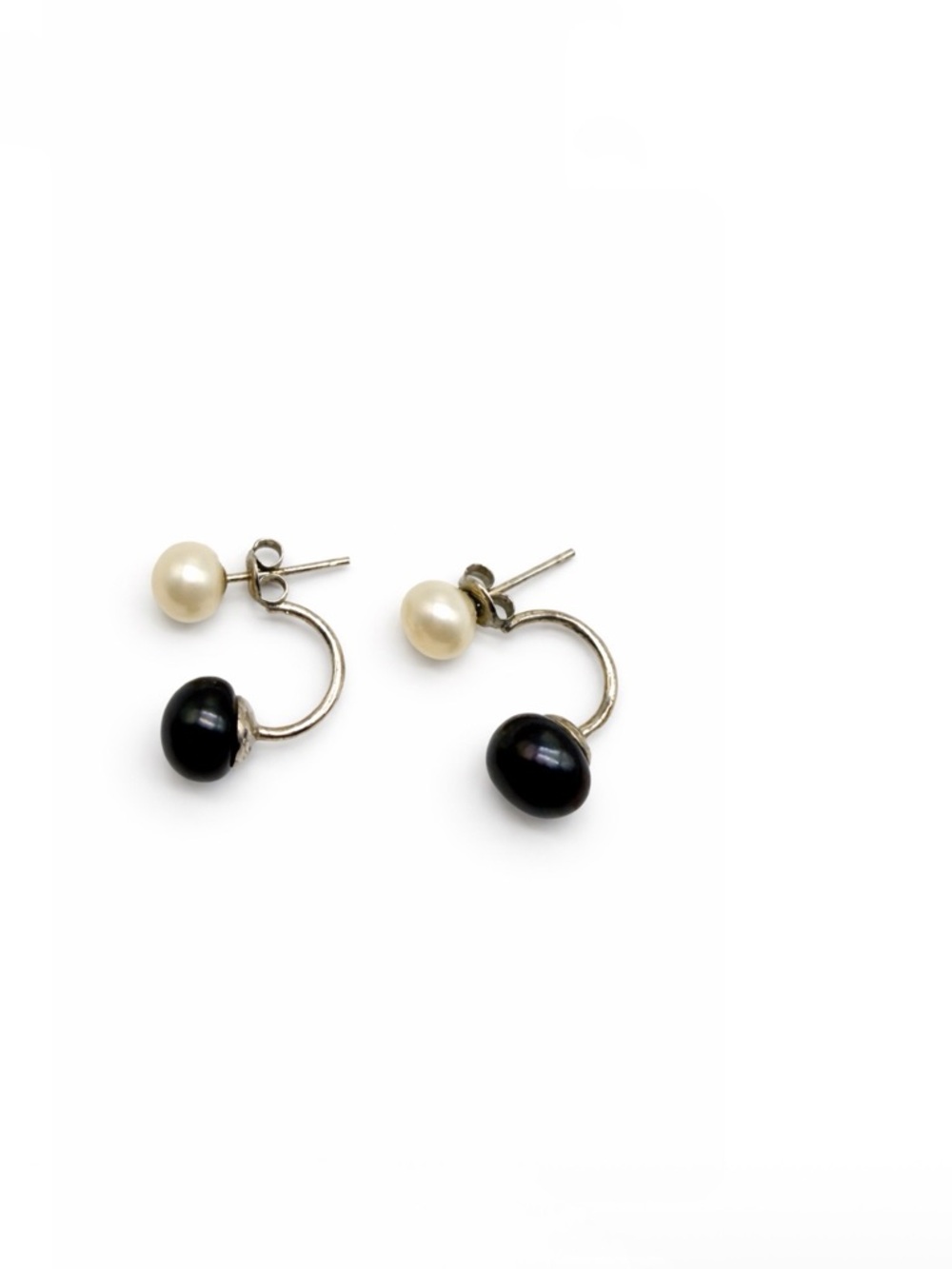 Black & Cream Pearl Earrings Duel Pearls 925 Sterling Silver Minimalist Creasant